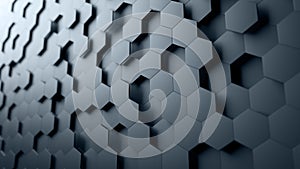Hexagon tiles. Cold dark gray color. Abstract hexagon background. Honeycomb. Shallow depth of field.