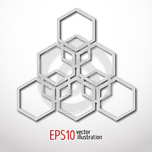 Hexagonal 3d design made in white plastic style. Sacral geometry. Mystery enigmatic shape. Abstract vector art design of