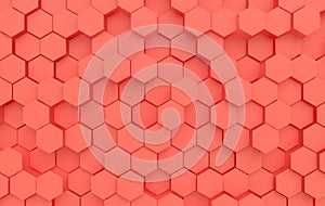 Hexagonal abstract background, depth of field effect. Modern cellular honeycomb 3d panel with hexagons. Ceramic, marble, metallic