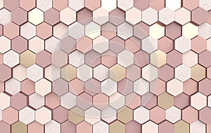 Hexagonal abstract background, depth of field effect. Modern cellular honeycomb 3d panel with hexagons. Ceramic, marble, metallic