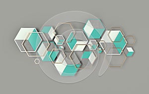 Hexagonal abstract background, depth of field effect. Modern cellular honeycomb 3d panel with hexagons. Ceramic, marble, metallic