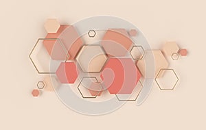 Hexagonal abstract background, depth of field effect. Modern cellular honeycomb 3d panel with hexagons. Ceramic, metallic tile. 3d