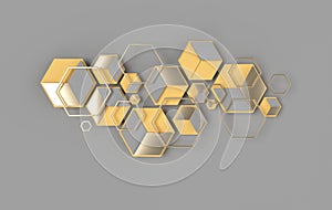 Hexagonal abstract background, depth of field effect. Modern cellular honeycomb 3d panel with hexagons. Ceramic, metallic tile. 3d