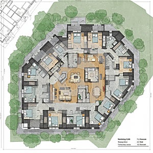 Hexagonal architectural floor plan of a residential building featuring