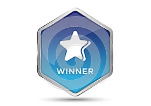 Hexagonal badge with a silver border and a gradient blue