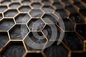 Hexagonal black and gold technological background with captivating highlights for stylish design.