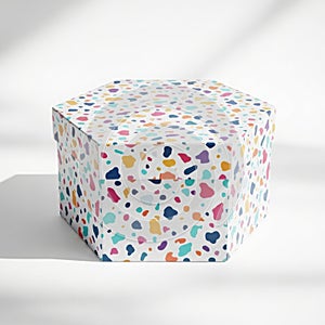 Hexagonal box with terrazzo pattern isolated on white background