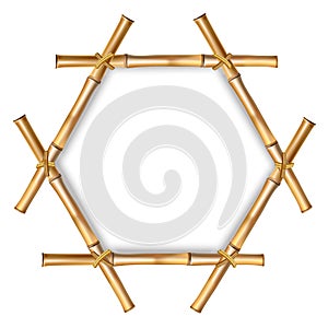 Hexagonal brown bamboo stems border with rope and copy space