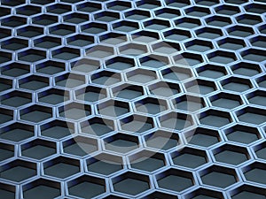 Hexagonal cells on a gray background. Abstract background with geometric structure. Texture with honeycombs. 3d rendering