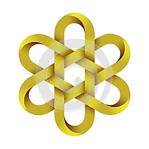 Hexagonal chinese knot made of intertwined gold mobius stripes. Ancient traditional symbol
