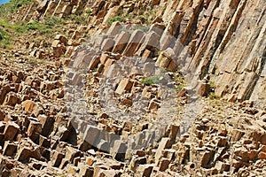 Hexagonal columns of volcanic origin at the Hong Kong Global Geopark in Hong Kong, China.