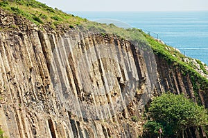 Hexagonal columns of volcanic origin at the Hong Kong Global Geopark in Hong Kong, China.