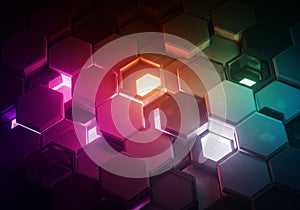 Hexagonal 3D shapes in a geometric pattern, featuring vibrant