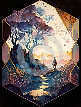 Hexagonal fairy world. Lone person traveler into the enchanted magical kingdom. Bee hive abstract design artwork.