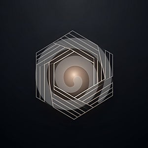 A hexagonal geometric design is featured against a dark background. The pattern