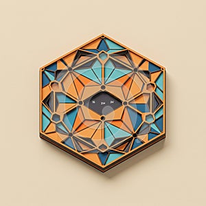 Hexagonal geometric design featuring a complex pattern of interlocking polygons in