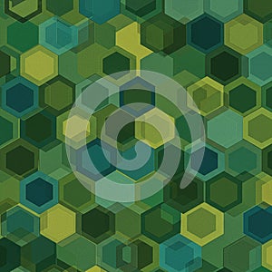 Hexagonal geometric pattern featuring various shades of green and blue