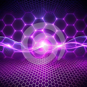 Hexagonal glowing grid with electric purple waves