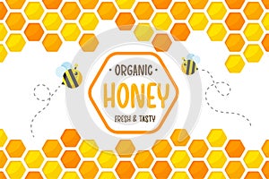 Hexagonal golden yellow honeycomb pattern paper cut background with bee and sweet honey inside