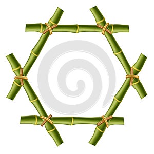 Hexagonal green bamboo stems border with rope and copy space