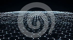 Hexagonal grid pattern composed of interconnected glowing nodes on a dark
