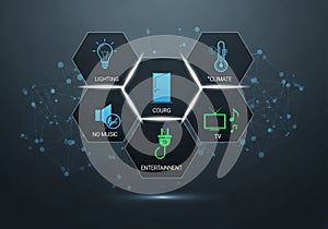 Hexagonal icons are arranged in a network pattern on a dark