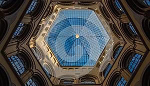 Hexagonal lead glass ceiling in atrium