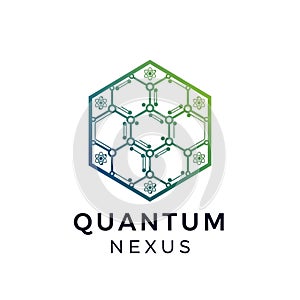 Hexagonal logo with a gradient from green to blue, featuring a network of