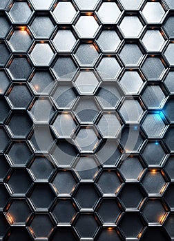 3D rendering of abstract metallic background with hexagons and light effects. Metallic Hexagon Grid