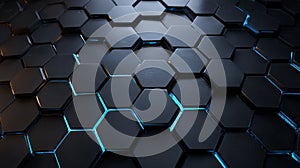 Metallic hexagonal pattern with blue glow. AI image
