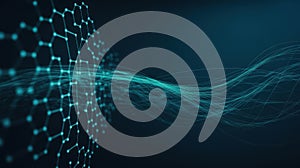 Teal hexagonal molecular structure with flowing light trails on dark blue background science technology