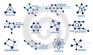 Hexagonal molecule badge. Molecular structure logo, macromolecule dna diagram, hexagon chemistry grids templates, vector