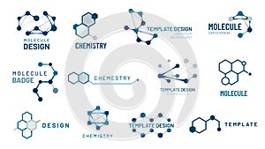 Hexagonal molecule badge. Molecular structure logo, molecular grids and chemistry hexagon molecules templates vector set