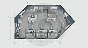 Hexagonal office layout featuring multiple workstations with chairs, desks, and