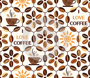 Hexagonal pattern with coffee beans, icons