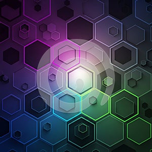 Hexagonal pattern with 3D effect on a dark gradient background. Hexagons vary in si