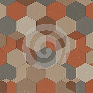 Hexagonal pattern featuring interlocking shapes in various shades of orange, brown,