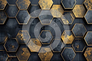 An hexagonal pattern on a wall with metallic gold and dark grey textures, a graphic design on a striped background
