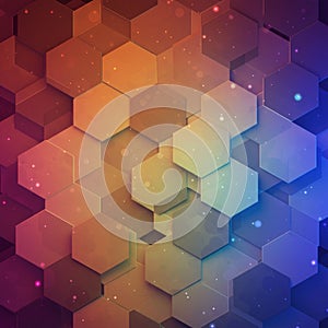 Hexagonal patterns create a 3D geometric texture with a gradient color scheme