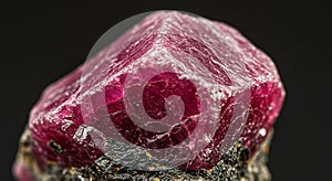 Hexagonal ruby crystal, deep red with a vitreous luster, set against a rough, dark photo