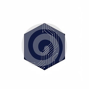 Hexagonal shape in dark blue with white circuit lines creating a technological pattern.
