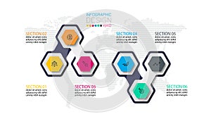 The hexagonal shape shows the structure, explains the process and presents results and ideas about marketing, business, or adverti