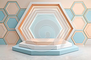 Hexagonal stage with pastel colors and geometric background