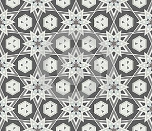 Hexagonal stars and other geometric shapes create a pattern against a dark background. Abstract seamless texture. Vector