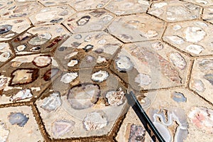 Hexagonal stone tiles with embedded agate stones displaying various colors and patterns photo