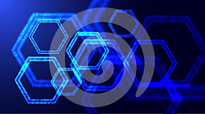 Hexagonal technology abstract background. Glowing neon particles honeycomb shapes. Abstract molecule model. Scientific