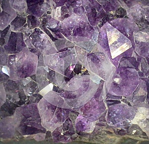 Hexagonal terminated amethyst crystals in close up