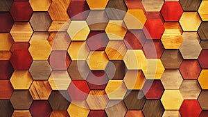 Hexagonal Tile Wallpaper With Wood Blocks In Cedar Red And Yellow Timber
