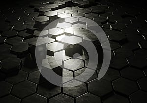 Hexagonal tiles in dark gray create a geometric pattern with some tiles elevated,
