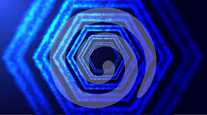 Hexagonal tunnel with depth of field. Abstract futuristic tunnel with neon light. Glowing particles honeycomb shapes